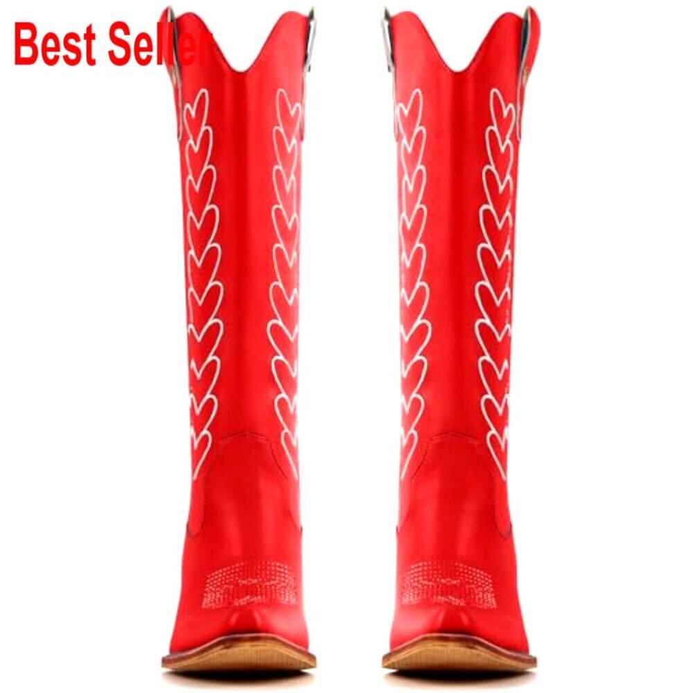 Knee High Cowboy Boots with Hearts Embroidery, Chunky Heel, Western Style - Picture 3 of 4
